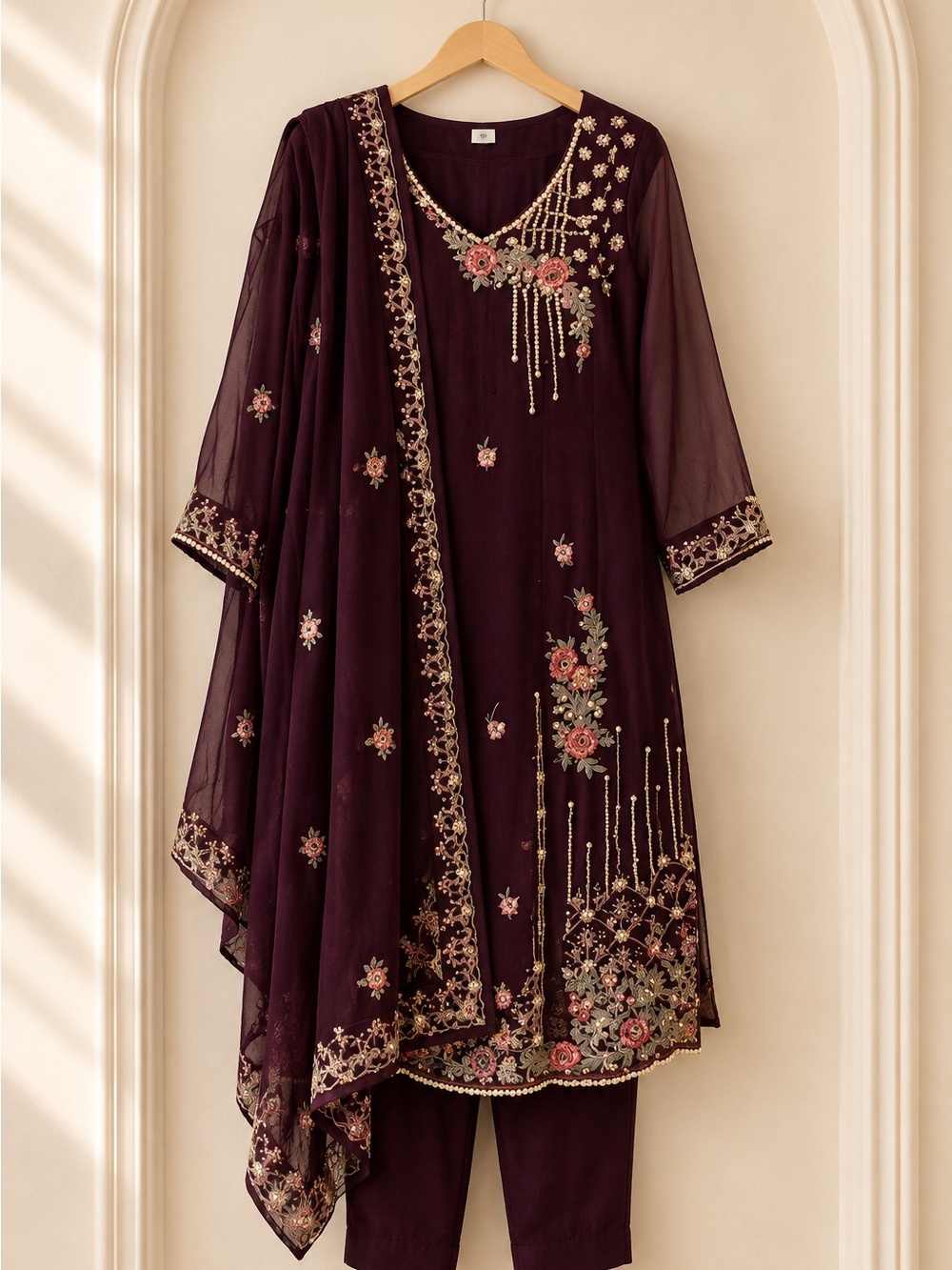Burgundy Embroidered 3 Piece Pakistani Salwar Kameez Formal Suit